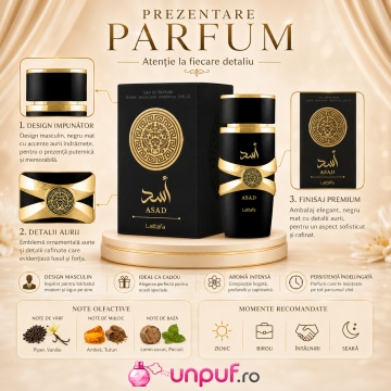 Parfum Arăbesc Asad Lattafa 100 ml, Apă de Parfum Bărbat, Aromă Lemnos Aromatică cu Ananas, Piper Negru, Tutun, Cafea, Iris, Paciuli, Vanilie, Ambră, Labdanum, Lemn și Rășină Benzoică - Img 3