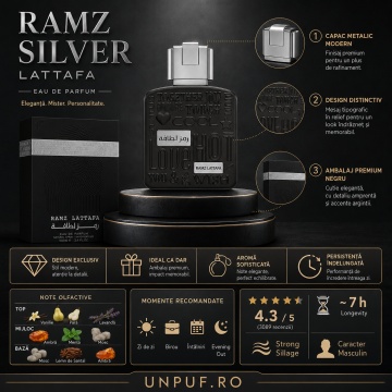 Parfum Arabesc Bărbați Ramz Silver Lattafa, Eau de Parfum 100 ml, Masculin, Dulce Aromatic Vanilat - Img 6