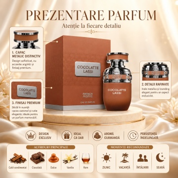 Parfum Arăbesc Cocolatte Lassi French Avenue 80 ml, Apă de Parfum Unisex, Damă și Bărbat, Inspirat Soleil Blanc, Aromă Gurmand Dulce cu Caramel, Fructe Dulci, Zahăr, Praline, Flori Albe, Note Cremoase, Tonka, Ambră, Mosc și Vanilie - Img 3