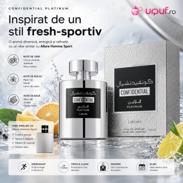 Parfum Arăbesc Confidential Platinum Lattafa 100 ml, Apă de Parfum Bărbați, Aromă Lemnos Aromatică Fresh Sportivă cu Chiparos, Bergamotă, Citrice, Piper Negru, Note Marine, Note Lemnoase, Tămâie, Ambră Gri, Labdanum, Mosc și Mușchi - Img 8