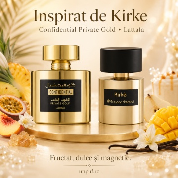 Parfum Arăbesc Confidential Private Gold Lattafa 100 ml, Apă de Parfum Unisex, Damă și Bărbat, Inspirat Kirke Tiziana Terenzi, Aromă Aromatic Fructată Tropicală cu Coacăză Neagră, Fructul Pasiunii, Piersică, Zmeură, Pară, Lăcrămioară, Lemn de Santal, Mosc - Img 8