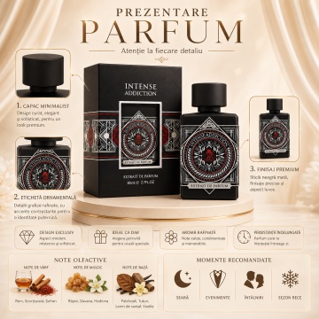 Parfum Arăbesc Damă Intense Addiction French Avenue 80 ml, Extrait de Parfum, Inspirat de Addictive Vibration Initio, Aromă Oriental Condimentată Ambrată cu Rom, Scorțișoară, Șofran, Rășini, Davana, Hedionă, Patchouli, Tutun, Lemn de Santal și Vanilie - Img 3
