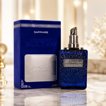 Parfum Arăbesc Desert Sultan Sapphire Ard Al Zaafaran 100 ml, Apă de Parfum Bărbat, Aromă Oriental Condimentată cu Bergamotă, Cardamom, Șofran, Tămâie, Trandafir, Oud, Ambră, Santal și Mosc