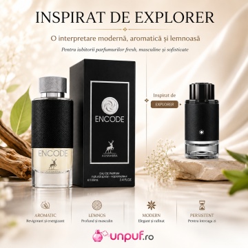Parfum Arăbesc Encode Maison Alhambra 100 ml, Apă de Parfum Bărbați, Inspirat Explorer Montblanc, Aromă Lemnos Aromatică Fresh Masculină cu Bergamotă, Piper Roz, Salvie, Vetiver, Piele, Păstăi de Cacao, Ambroxan, Lemn de Akigala și Paciuli - Img 8