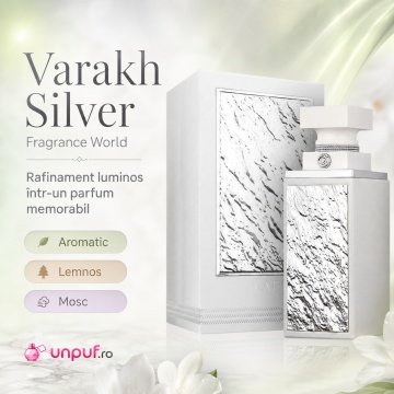 Parfum Arăbesc Fragrance World Varakh Silver 100 ml, Apă de Parfum Unisex, Damă și Bărbat, Aromă Aromatic Orientală cu Citrice, Condimente, Note Proaspete, Flori Albe, Lavandă, Cedru, Ambră și Mosc - Img 3