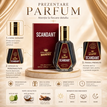 Parfum Arăbesc John Gustav Homme Scandant Le Parfum Fragrance World 50 ml, Apă de Parfum Bărbat, Aromă Oriental Lemnoasă Gourmand cu Mandarină, Piper, Salvie, Boabe de Tonka, Caramel, Lavandă, Ambră, Lemn Cald și Vetiver - Img 3