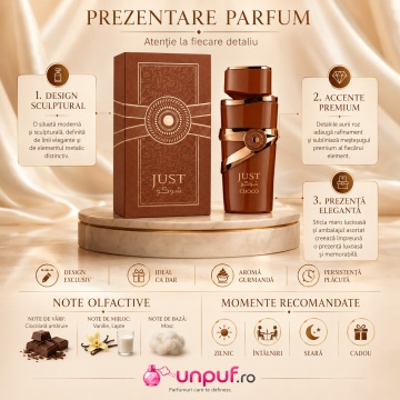 Parfum Arăbesc Just Choco Fragrance World 100 ml, Apă de Parfum Unisex, Damă și Bărbat, Aromă Gurmandă de Ciocolată cu Cacao, Ciocolată, Zahăr, Lapte, Praline, Caramel, Mosc și Vanilie - Img 3