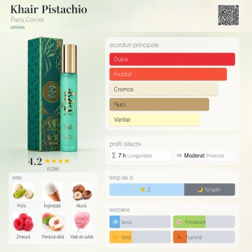 Parfum Arăbesc Khair Pistachio Paris Corner 15 ml, Apă de Parfum Unisex Damă și Bărbat, Aromă Gurmandă cu Nuci, Fistic, Bergamotă, Cardamom, Praline, Cremă, Flori Albe, Tonka, Mosc și Vanilie, Inspirată de Yum Pistachio Gelatto Kayali - Img 4