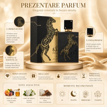 Parfum Arăbesc Lail Maleki Lattafa 100 ml, Apă de Parfum Unisex Damă și Bărbat, Aromă Oriental Floral Fructată cu Fructe, Citrice, Condimente, Miere, Iasomie, Gardenie, Orhidee, Santal, Mosc, Caramel și Ambră - Img 3