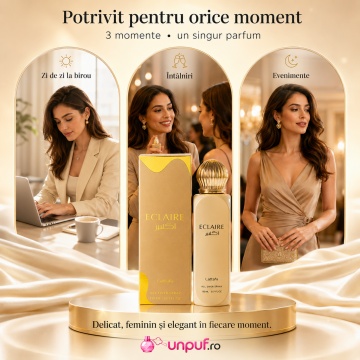 Parfum Arăbesc Lattafa Eclaire All Over Spray 150 ml, Spray de Păr și Corp Damă, Aromă Dulce cu Caramel, Vanilie și Mosc - Img 6