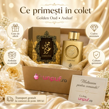 Parfum Arăbesc Lattafa Golden Oud EDP 100 ml Unisex, Inspirat Oud Bouquet, Aromă Lemnoasă cu Oud, Ambră, Vanilie, Caramel, Mosc, Vetiver, Paciuli și Lemn de Santal - Img 4