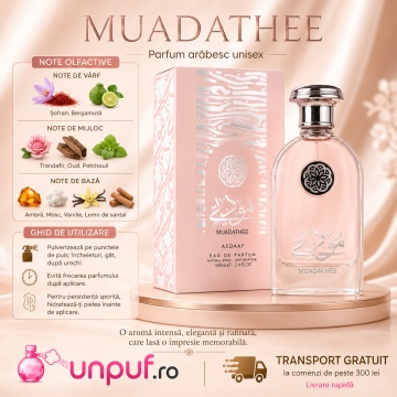 Parfum Arăbesc Lattafa Muadathee 100 ml, Apă de Parfum Unisex, Aromă Floral Fructată cu Șofran, Trandafir, Lici, Pară, Mosc și Vetiver - Img 9