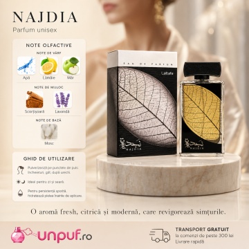 Parfum Arăbesc Lattafa Najdia 100 ml, Apă de Parfum Damă, Aromă Fresh Citrică cu Apă, Lămâie, Măr, Scorțișoară, Lavandă și Mosc - Img 9