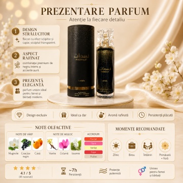 Parfum Arăbesc Lattafa Nasmaat 100 ml, Apă de Parfum Unisex, Aromă Fructată Florală cu Caise, Coacăze Negre, Ananas, Vanilie și Santal - Img 3