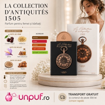 Parfum Arăbesc Lattafa Pride La Collection D’Antiquites 1505 Watch 100 ml, Apă de Parfum Unisex, Aromă Lemnos Condimentată cu Șofran, Osmanthus și Guaiac - Img 5