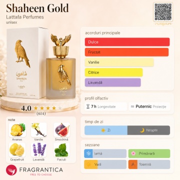 Parfum Arăbesc Lattafa Pride Shaheen Gold 100 ml, Apă de Parfum Unisex, Aromă Oriental Fresh Fructată cu Grapefruit, Lavandă, Ananas, Vanilie și Patchouli - Img 3