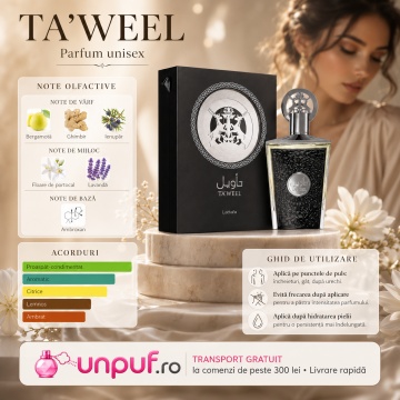 Parfum Arăbesc Lattafa Taweel 100 ml, Apă de Parfum Unisex, Aromă Fresh Aromatică cu Bergamotă, Ghimbir, Ienupăr, Lavandă, Ambroxan și Vetiver - Img 5