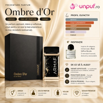 Parfum Arăbesc Ombre D’or Armaf 75 ml, Apă de Parfum Unisex, Damă, Bărbat, Aromă Oriental Lemnoasă Aurie, Inspirat Crystal Saffron Matiere Premiere - Img 9