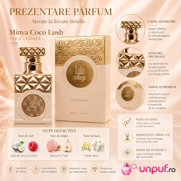 Parfum Arăbesc Paris Corner Minya Coco Lush 100 ml, Apă de Parfum Unisex, Damă, Bărbat, Aromă Dulce Fructată cu Apă de Cocos, Zmeură, Macarons și Mosc, Inspirat Thank U Next - Img 3