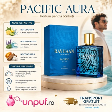 Parfum Arăbesc Rayhaan Pacific Men EDP 100 ml Bărbat, Inspirat Invictus Paco Rabanne, Aromă Aromatic Lemnoasă Fresh Acvatică cu Grapefruit, Bergamotă, Piper, Geranium, Lavandă, Salvie, Ambră, Cedru, Mosc și Vetiver - Img 9
