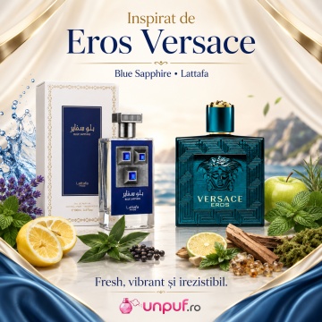 Parfum Arăbesc Sapphire Blue Lattafa Pride EDP 100 ml Bărbat, Inspirat Eros For Men Versace, Aromă Aromatic Fougere cu Lămâie, Măr, Mentă, Geranium, Note Marine, Salvie, Cedru și Paciuli - Img 8