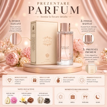 Parfum Arăbesc The Kingdom Women Lattafa 100 ml, Apă de Parfum Damă, Aromă Oriental Vanilată cu Bujor, Coacăză Neagră, Pară, Iasomie, Pralină, Tonka, Ambră, Santal, Mosc și Vanilie - Img 3