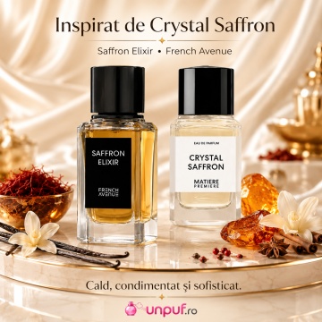 Parfum Arăbesc Unisex Saffron Elixir French Avenue 100 ml, Apă de Parfum, Inspirat de Crystal Saffron Matiere Premiere, Aromă Oriental Ambrată cu Citrice, Iasomie, Șofran, Condimente Fine, Ambră, Accente Metalice, Cedru, Mosc, Rășini, Lemn și Note Balsami - Img 8