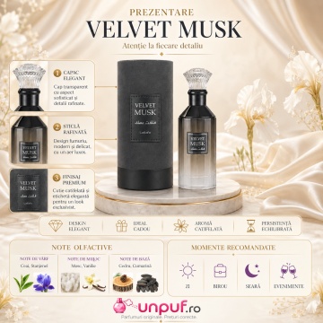 Parfum Arăbesc Velvet Musk Lattafa 100 ml, Apă de Parfum Unisex, Aromă Orientală Catifelată cu Ceai Negru, Mosc Alb, Iris, Vanilie, Ambră, Cedru, Cumarină și Mosc - Img 3