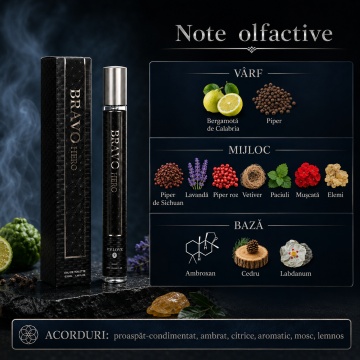 Parfum Bărbați Bravo Hero 35 ml V.V. Love, Apă de Toaletă, Inspirat de Sauvage Dior, Aromă Proaspăt Condimentată cu Bergamotă de Calabria, Piper, Lavandă, Ambroxan, Cedru și Labdanum - Img 7
