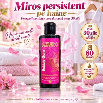 Parfum Concentrat pentru Rufe Azuro Bubble Gum, până la 80 Spălări, Aromă Dulce de Gumă de Mestecat, pentru Spălare Automată și Manuală, 200 ml - Img 2