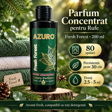 Parfum Concentrat pentru Rufe Azuro Fresh Forest, până la 80 Spălări, Aromă Fresh Inspirată de Natură, pentru Spălare Automată și Manuală, 200 ml