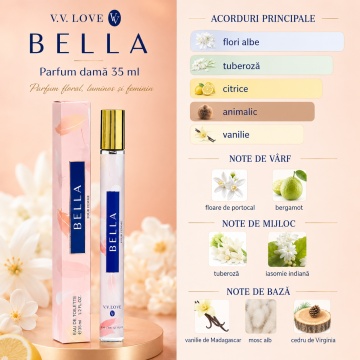 Parfum Damă Bella Pour Femme 35 ml V.V. Love, Apă de Toaletă, Inspirat de My Way Giorgio Armani, Aromă Florală cu Floare de Portocal, Bergamotă, Tuberoză, Iasomie Indiană, Vanilie, Mosc Alb și Cedru - Img 6