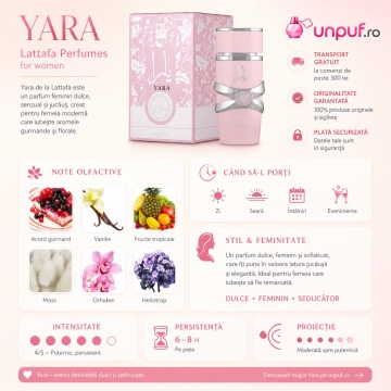 Parfum damă Lattafa Yara, Eau de Parfum 100 ml, aromă dulce florală, vanilie, fructe tropicale, orhidee, mosc, ambră și lemn de santal - Img 8