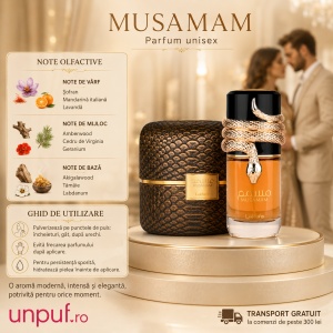 Parfum Lattafa Musamam 100 ml, Apă de Parfum Unisex, Aromă Florală Lemnoasă și Rășinoasă, Note de Lemn Akigala, Rășini, Tămâie Somalia, Mandarină, Lavandă, Șofran, Cedru și Piele - Img 3