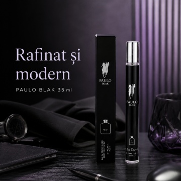 Parfum Paulo Blak 35 ml, Apă de Parfum Bărbat, Aromă Tropical Fructată și Lemnoasă, Format Compact, Note de Mango, Mandarină, Lămâie, Salvie, Pelin, Paciuli, Lemn de Santal și Boabe de Tonka - Img 6