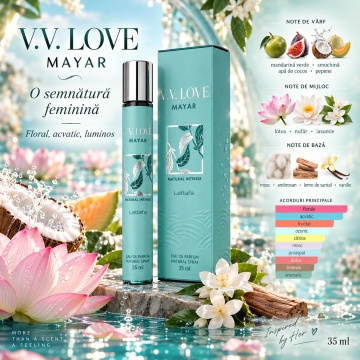 Parfum pentru femei Mayar V.V. Love, Apa de Parfum, 35 ml, aroma florala acvatica fructata, mandarina verde, smochina, apa de cocos, pepene, lotus, nufar, iasomie, mosc, ambroxan, lemn de santal si vanilie - Img 2
