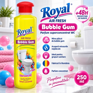 Parfum Superconcentrat WC Royal Air Fresh Bubble Gum, Parfum Ambiental Intens cu Aromă Dulce, cu Picurător, Fabricat în România, 250 ml