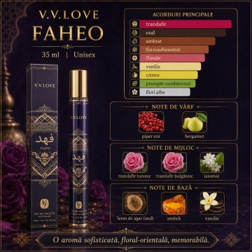 Parfum Unisex Arăbesc Faheo 35 ml V.V. Love, Apă de Toaletă, Inspirat de Bade'e Al Oud Amethyst Lattafa, Aromă Floral Orientală cu Piper Roz, Bergamotă, Trandafir Turcesc, Trandafir Bulgăresc, Iasomie, Oud, Ambră și Vanilie - Img 7
