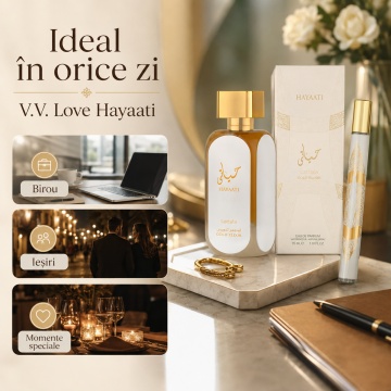Parfum Unisex Arăbesc Hayaati Gold 35 ml V.V. Love, Apă de Parfum, Inspirat de Hayaati Gold Elixir Lattafa, Aromă Elegantă cu Bergamotă, Grapefruit, Coacăze, Piersică, Șofran, Vanilie, Ambră și Mosc - Img 4