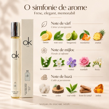 Parfum unisex OK One V.V. Love, Apa de Parfum, 35 ml, aroma citrica verde lemnoasa, lamaie, bergamota, mandarina, ananas, ceai verde, cedru, mosc si ambra - Img 3