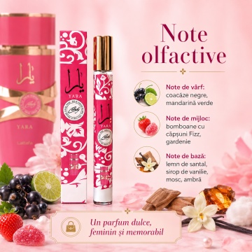 Parfum Yara Candy Lattafa 35 ml, Apă de Parfum Damă, Aromă Dulce Fructată, Format Compact, Note de Coacăze Negre, Mandarină Verde, Bomboane cu Căpșuni, Gardenie, Vanilie, Mosc și Ambră - Img 3