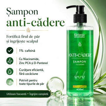 Șampon anti-cădere Klintensiv, cu Caffeine, Niacinamide, Zinc PCA și D-Panthenol, fortificare păr și îngrijire scalp, peste 94% ingrediente biodegradabile, produs românesc, 400 ml, 4x Stickere - Img 2