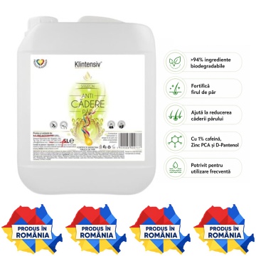 Șampon anti-cădere Klintensiv, formulă profesională cu Caffeine, Niacinamide, Zinc PCA și D-Panthenol, pentru saloane, hoteluri, firme și reumplere, produs românesc, bidon 5 L, 4x stickere
