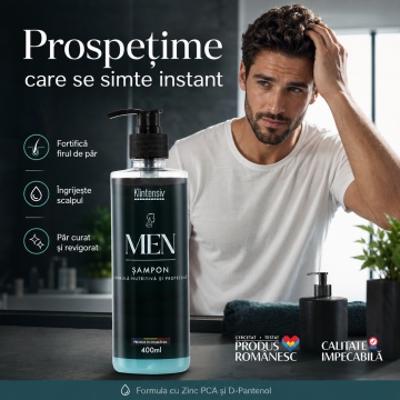 Șampon pentru bărbați Klintensiv, cu Zinc PCA și D-Pantenol, fortificare păr, scalp echilibrat, prospețime instantanee, fără parabeni, siliconi și alcool, pentru toate tipurile de păr, 400 ml, 4x Stickere - Img 2