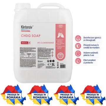 Săpun dezinfectant profesional Klintensiv CHDG Soap, clorhexidină digluconat 4%, pentru spitale, clinici, dispensere și reumplere dozatoare, canistră 5 L, 4x Stickere