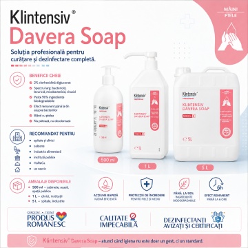 Săpun dezinfectant profesional Klintensiv Davera Soap, cu clorhexidină digluconat 2%, pentru spitale, industrie alimentară, farmaceutică, cosmetică și HoReCa, canistră 5 L, 4x Stickere - Img 2