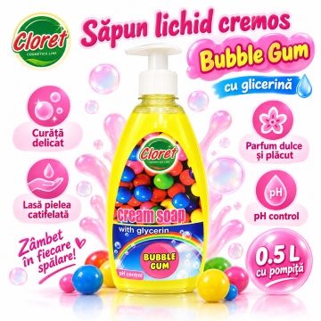 Săpun Lichid Cremos Cloret Bubble Gum cu Pompiță, pentru Mâini, cu Glicerină, pH Control, Curățare Delicată și Parfum Dulce, 500 ml