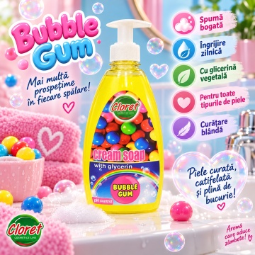 Săpun Lichid Cremos Cloret Bubble Gum cu Pompiță, pentru Mâini, cu Glicerină, pH Control, Curățare Delicată și Parfum Dulce, 500 ml - Img 2
