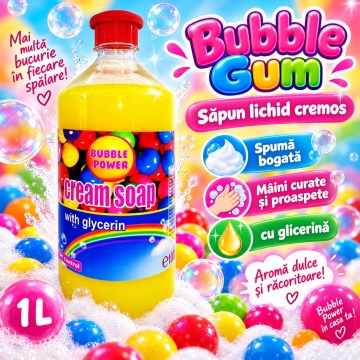 Săpun Lichid Cremos Cloret Bubble Gum, Rezervă pentru Mâini, cu Glicerină, pH Control, Curățare Delicată și Parfum Dulce, pentru Reumplere Recipiente, 1 L - Img 2