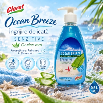Săpun Lichid Cremos Cloret Ocean Breeze Sensitive cu Pompiță, pentru Mâini, cu Complex de Hidratare, Curățare Delicată și Parfum Fresh, 500 ml - Img 2